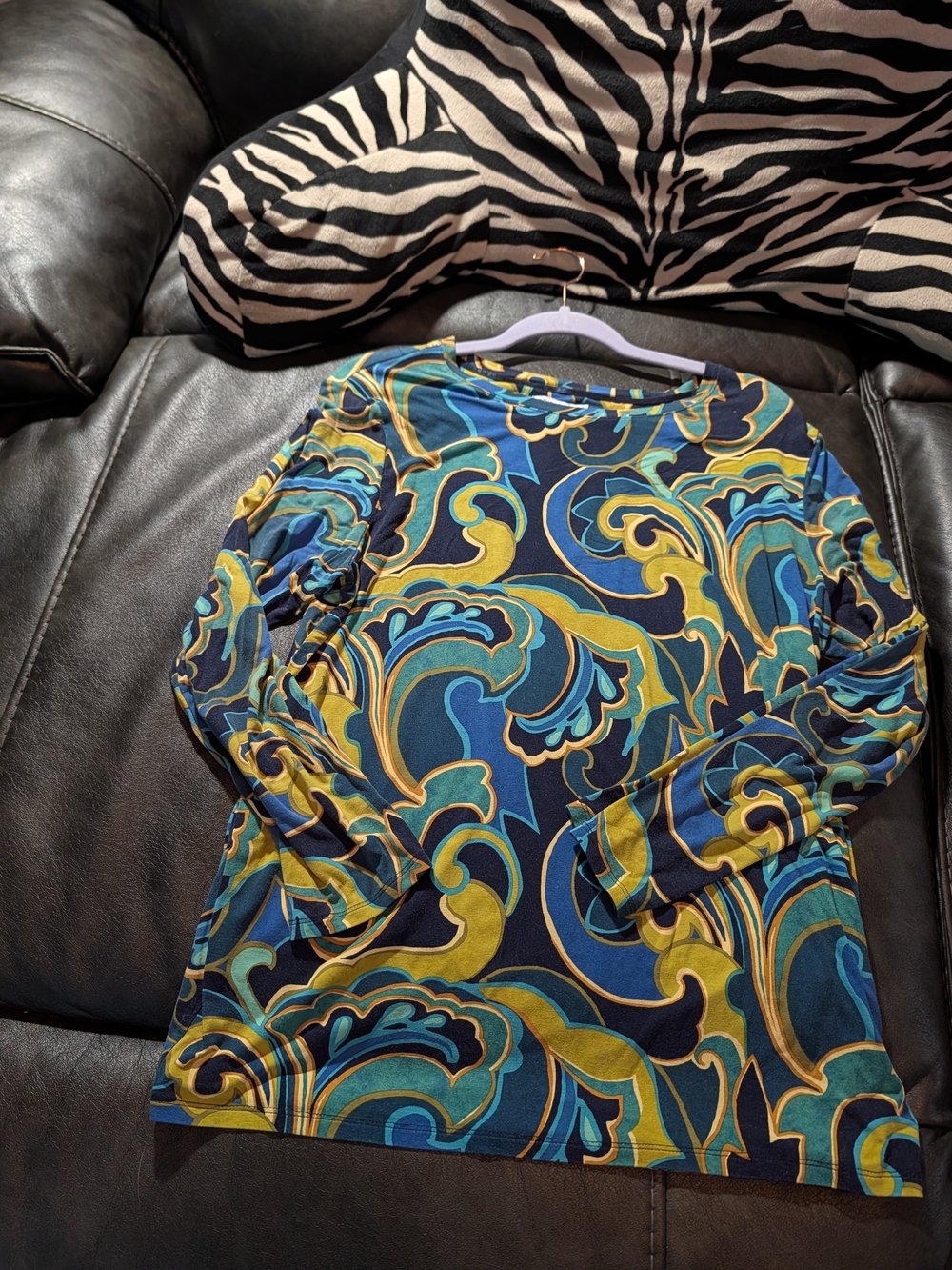 Chico's Teal, Blue & Mustard Swirl Long-Sleeve Top